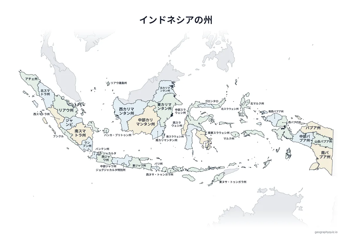 印刷用プリント「インドネシアの州」の見本: すべての名前を入れたインドネシアの地図です。授業での掲示や答え合わせに使えます。
