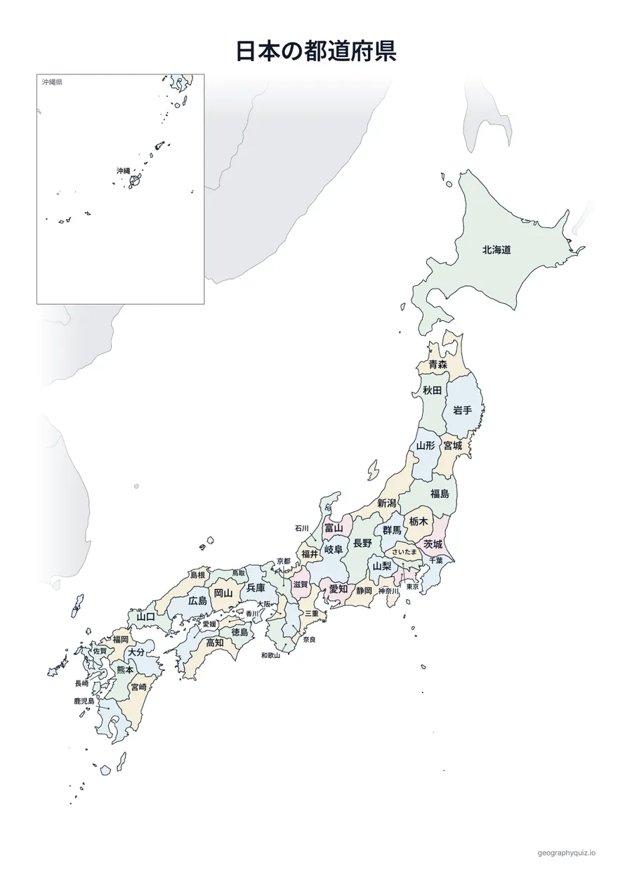 印刷用プリント「日本の都道府県」の見本: すべての名前を入れた日本の地図です。授業での掲示や答え合わせに使えます。