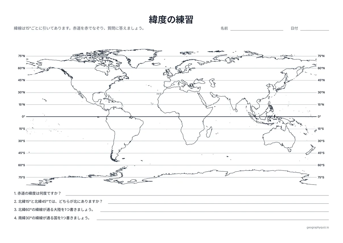 印刷用プリント「緯度の練習」の見本: 両はしに度数を書いた15°ごとの緯線の世界地図と、緯度を読む4つの質問です。