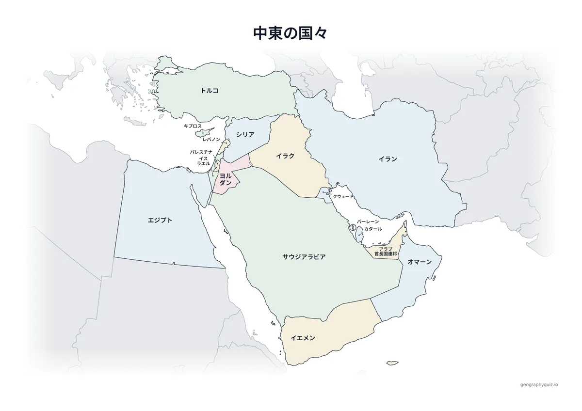 印刷用プリント「中東の国々」の見本: 同じ地図に17か国すべての名前を入れました。学習、復習、答え合わせに使えます。