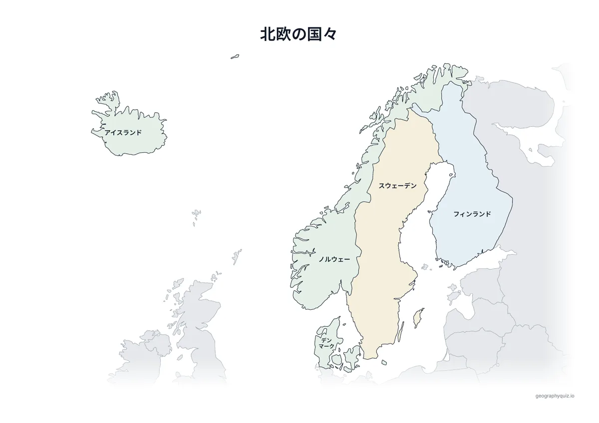印刷用プリント「北欧の国々」の見本: 同じ地図に5か国すべての名前を入れました。学習、復習、答え合わせに使えます。