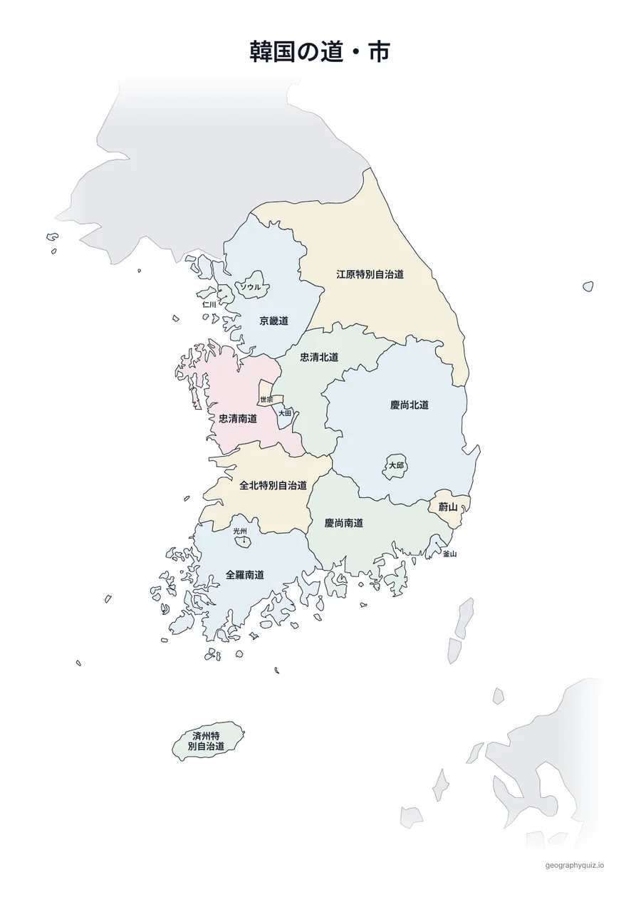 印刷用プリント「韓国の道・市」の見本: すべての名前を入れた韓国の地図です。授業での掲示や答え合わせに使えます。
