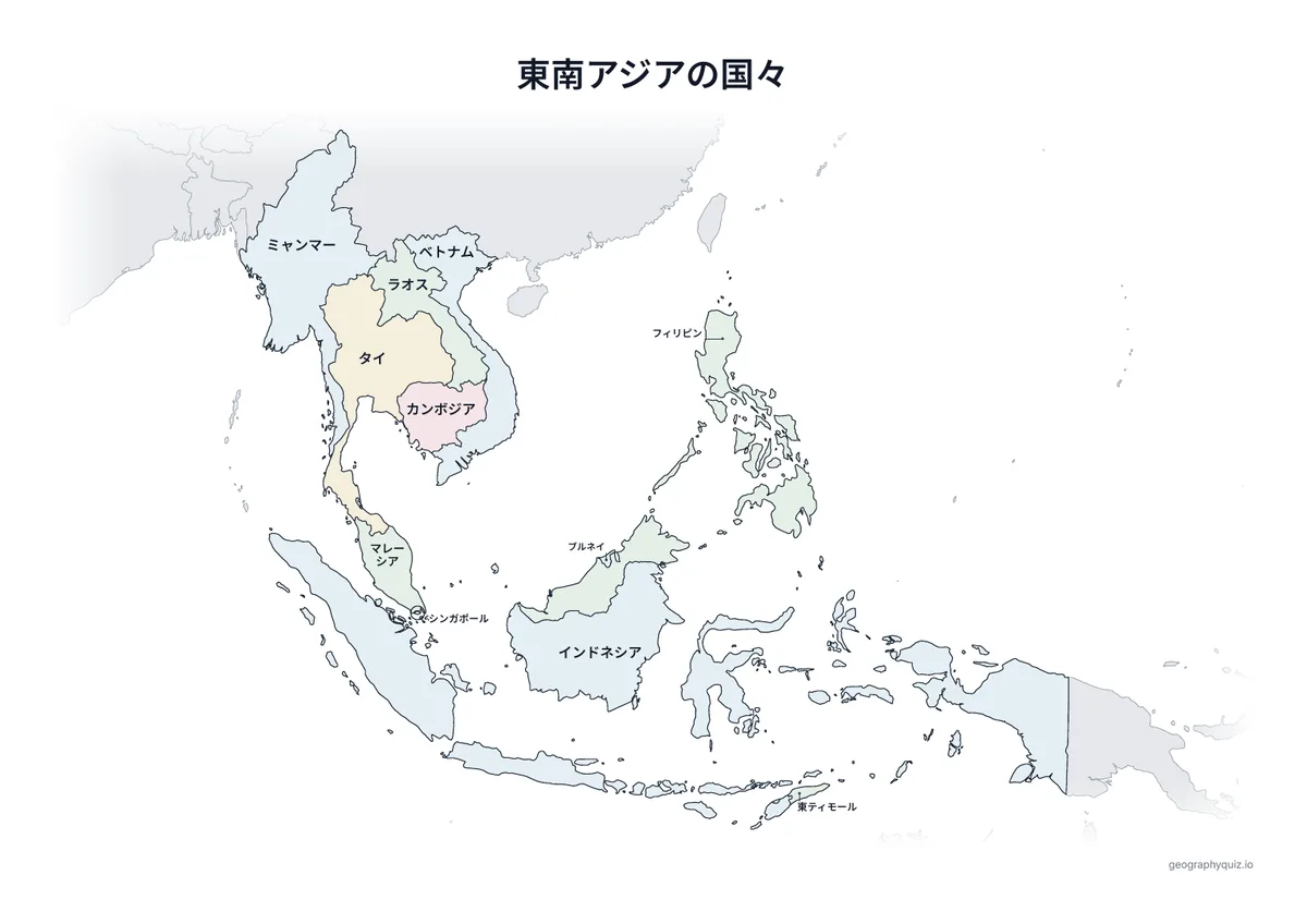 印刷用プリント「東南アジアの国々」の見本: 同じ地図に11か国すべての名前を入れました。学習、復習、答え合わせに使えます。