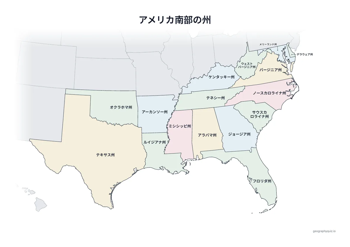 印刷用プリント「アメリカ南部の州」の見本: 同じ地図に16州すべての名前を入れました。学習、復習、答え合わせに使えます。