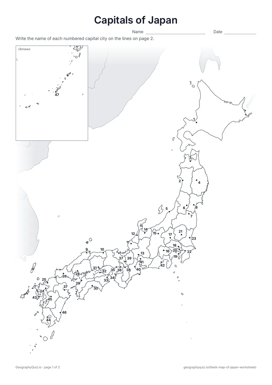 Preview of the printable capitals of japan worksheet