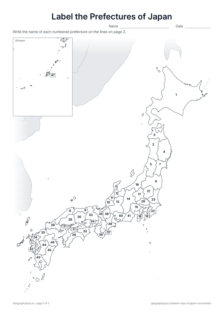Preview of the printable label the prefectures of japan worksheet