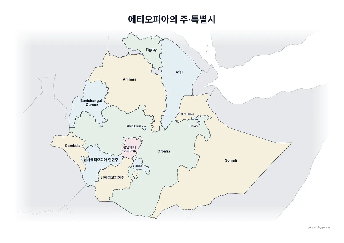 인쇄용 학습지 “에티오피아의 주·특별시” 미리 보기: 이름을 모두 넣은 에티오피아 지도입니다