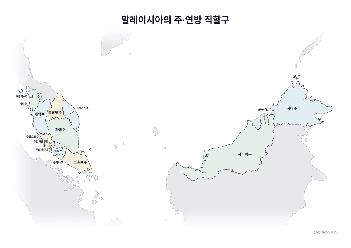 인쇄용 학습지 “말레이시아의 주·연방 직할구” 미리 보기: 이름을 모두 넣은 말레이시아 지도입니다