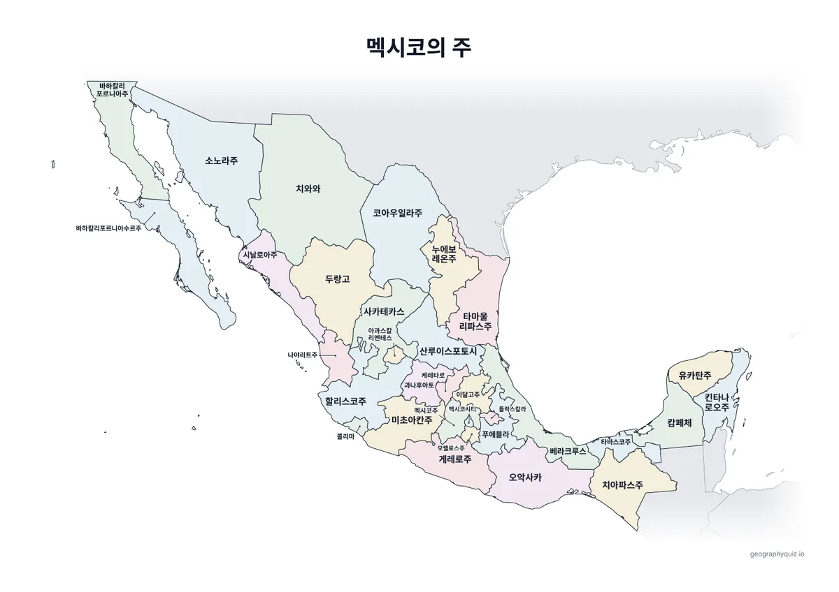 인쇄용 학습지 “멕시코의 주” 미리 보기: 이름을 모두 넣은 멕시코 지도입니다