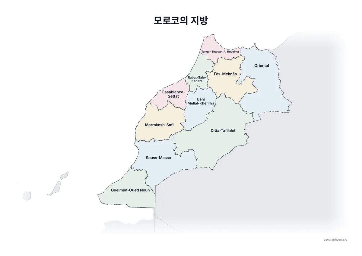 인쇄용 학습지 “모로코의 지방” 미리 보기: 이름을 모두 넣은 모로코 지도입니다