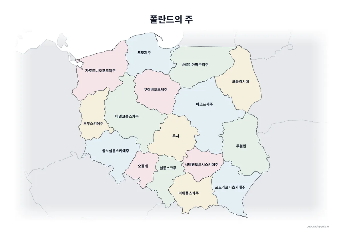 인쇄용 학습지 “폴란드의 주” 미리 보기: 이름을 모두 넣은 폴란드 지도입니다