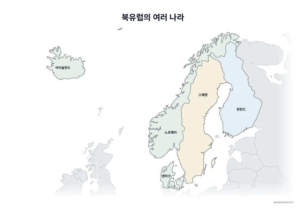 인쇄용 학습지 “북유럽의 여러 나라” 미리 보기: 같은 지도에 5개국 이름을 모두 넣었습니다
