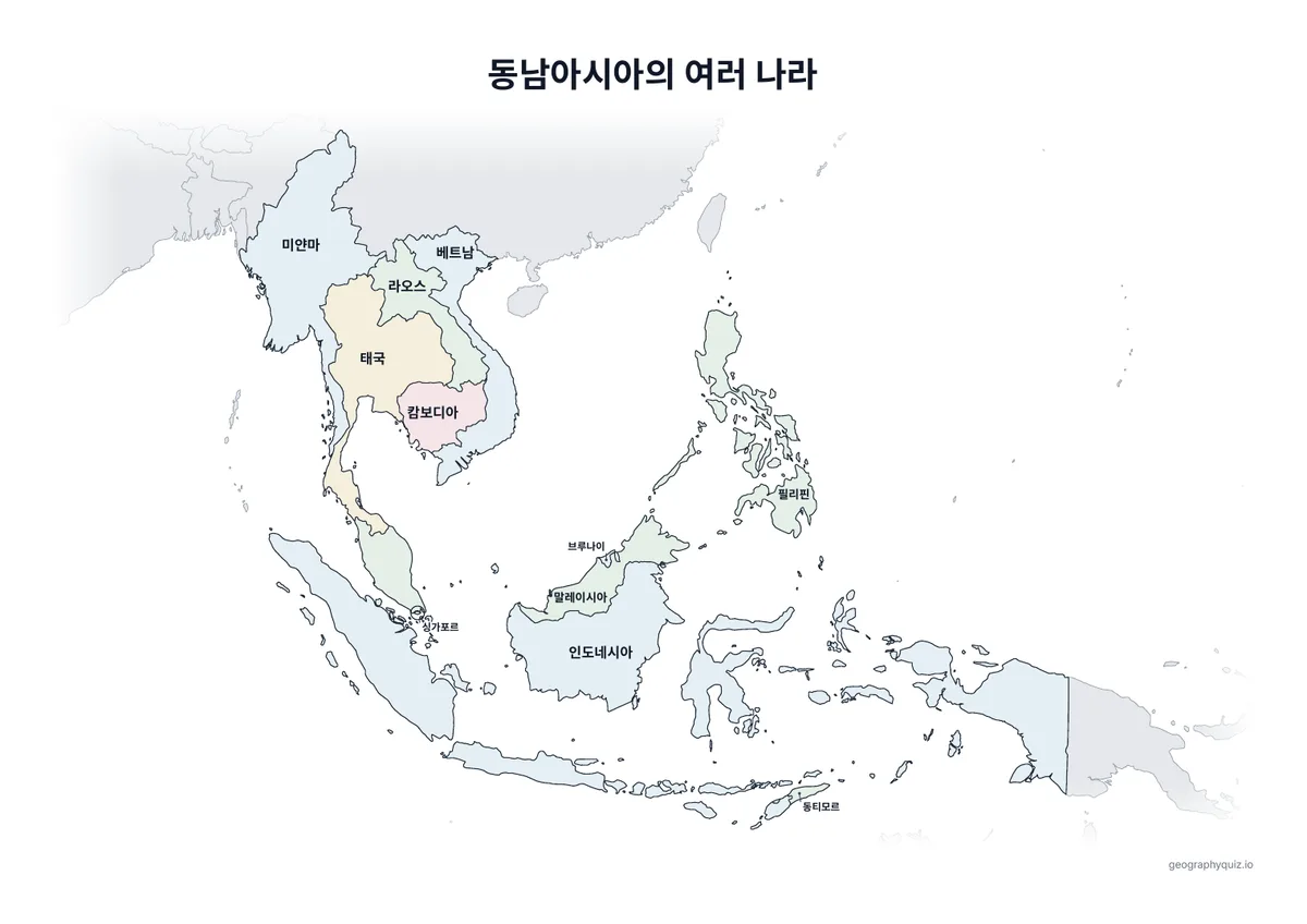 인쇄용 학습지 “동남아시아의 여러 나라” 미리 보기: 같은 지도에 11개국 이름을 모두 넣었습니다