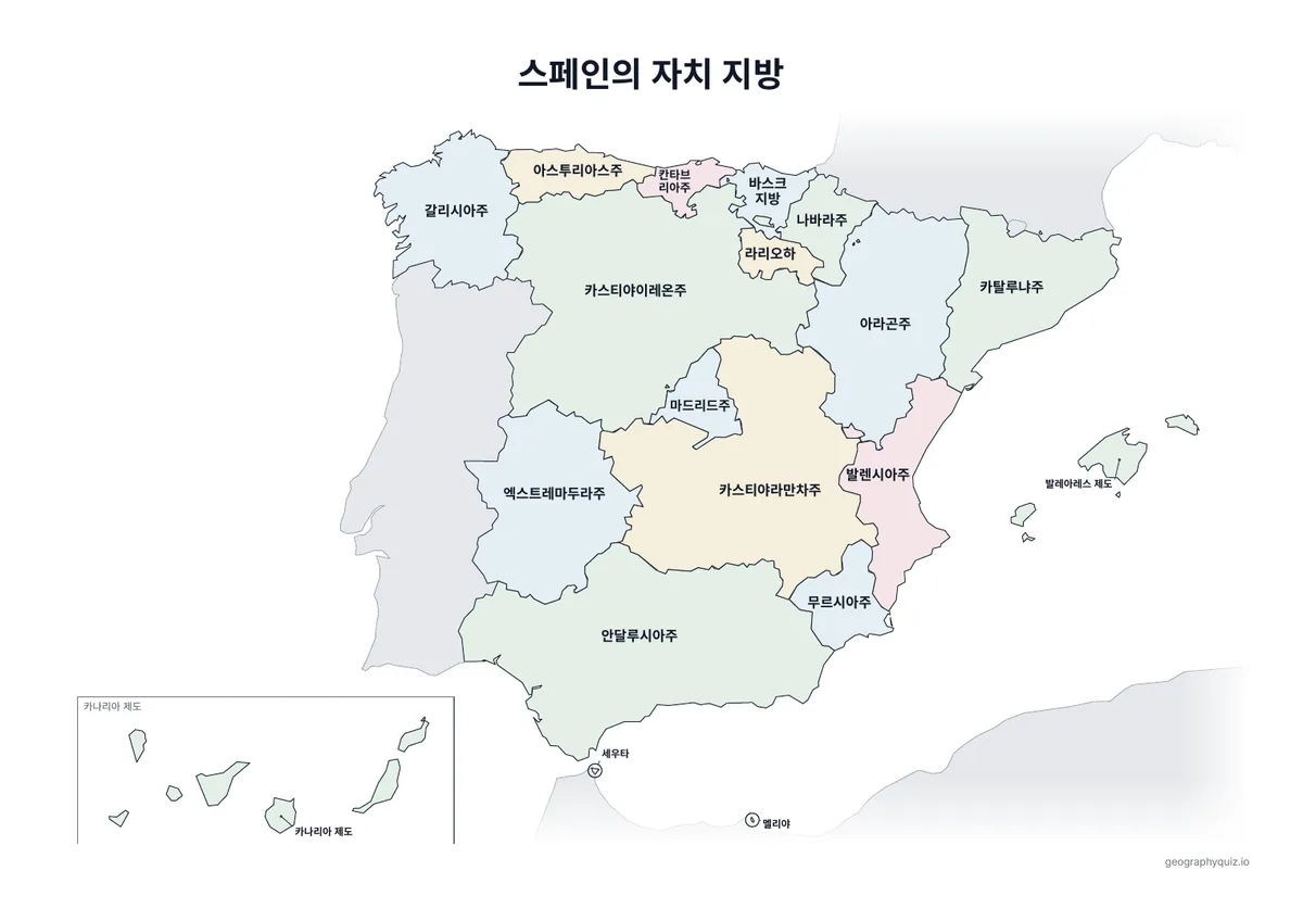 인쇄용 학습지 “스페인의 자치 지방” 미리 보기: 이름을 모두 넣은 스페인 지도입니다