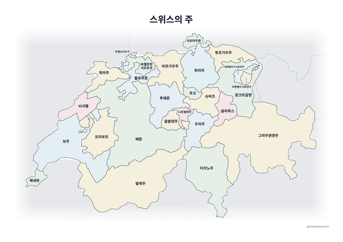 인쇄용 학습지 “스위스의 주” 미리 보기: 이름을 모두 넣은 스위스 지도입니다