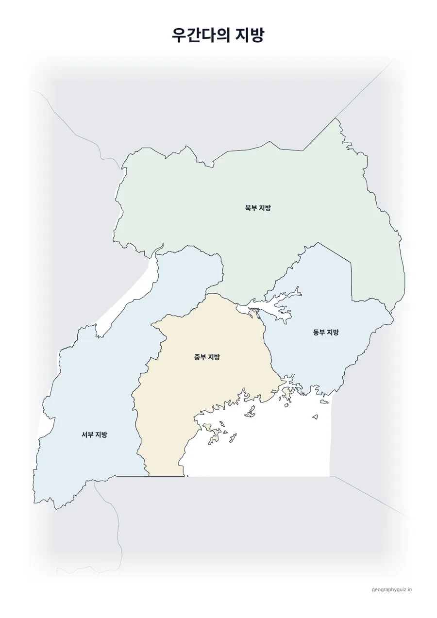인쇄용 학습지 “우간다의 지방” 미리 보기: 이름을 모두 넣은 우간다 지도입니다