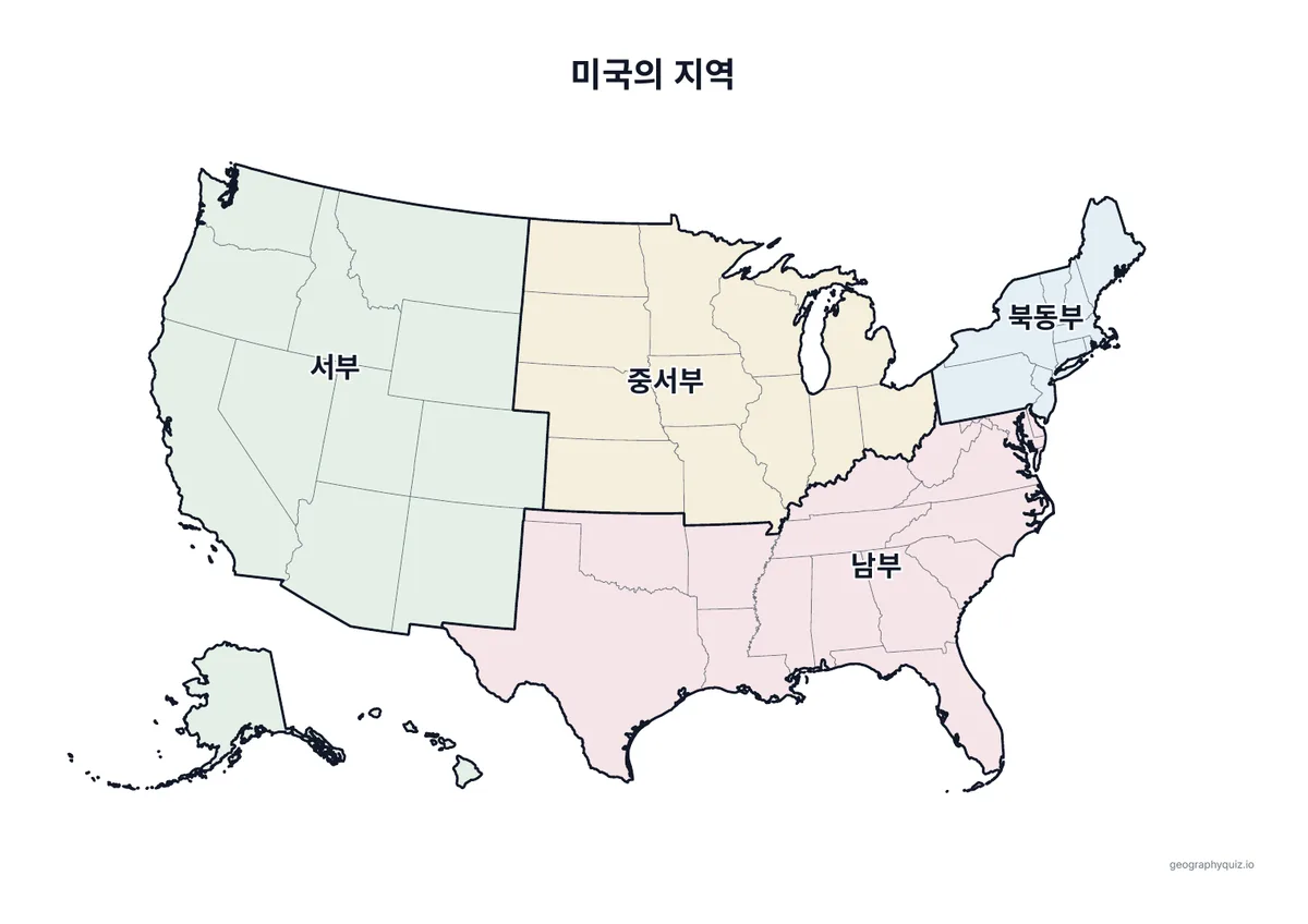 인쇄용 학습지 “미국의 지역” 미리 보기: 미국 인구조사국의 4개 지역(북동부, 중서부, 남부, 서부)을 연한 색과 이름으로 나타낸 지도입니다