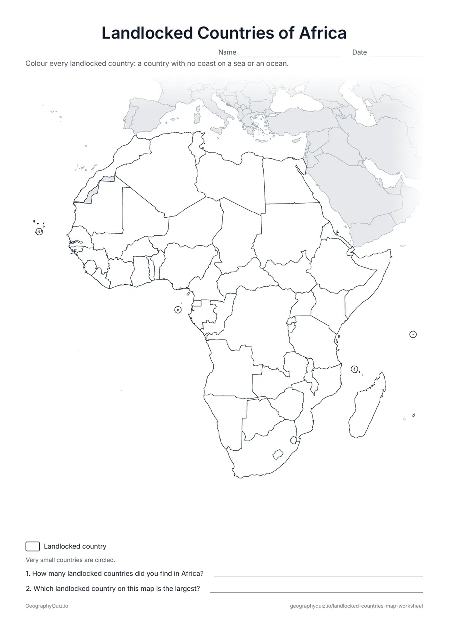 Preview of the printable landlocked countries of africa worksheet