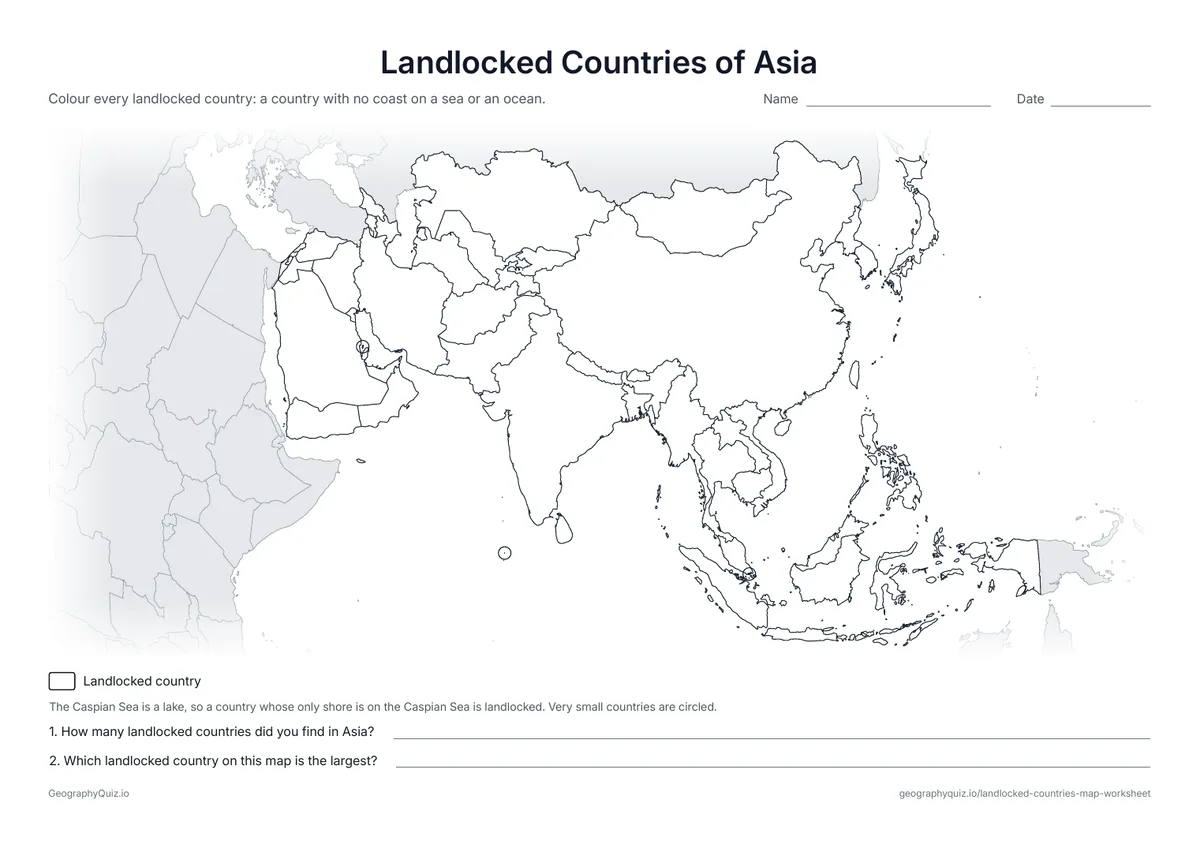 Preview of the printable landlocked countries of asia worksheet