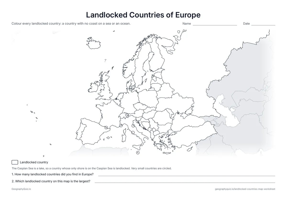 Preview of the printable landlocked countries of europe worksheet