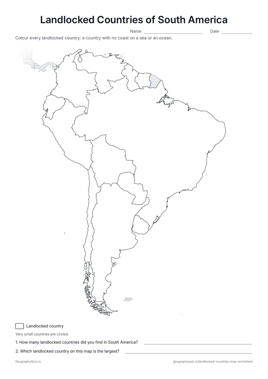 Preview of the printable landlocked countries of south america worksheet
