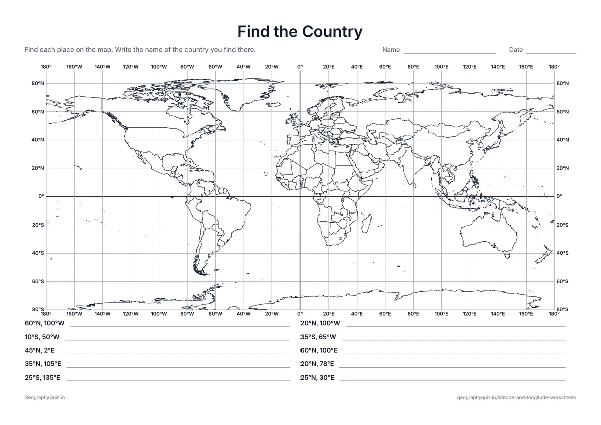 Preview of the printable find the country worksheet: Ten coordinates on a world map with country borders