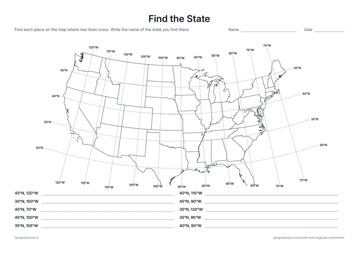 Preview of the printable find the state worksheet: Ten coordinates on a map of the 48 contiguous states