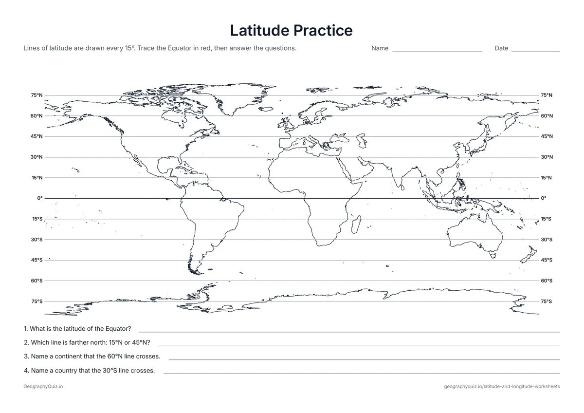 Preview of the printable latitude practice worksheet: A world map with lines of latitude every 15°, labeled at both ends, and four questions about reading them