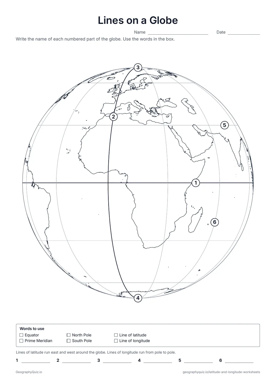 Preview of the printable lines on a globe worksheet: A globe with lines every 30°