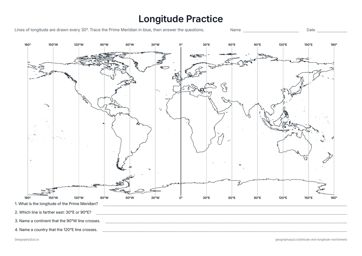 Preview of the printable longitude practice worksheet: A world map with lines of longitude every 30°, labeled at the top and bottom, and four questions about reading them