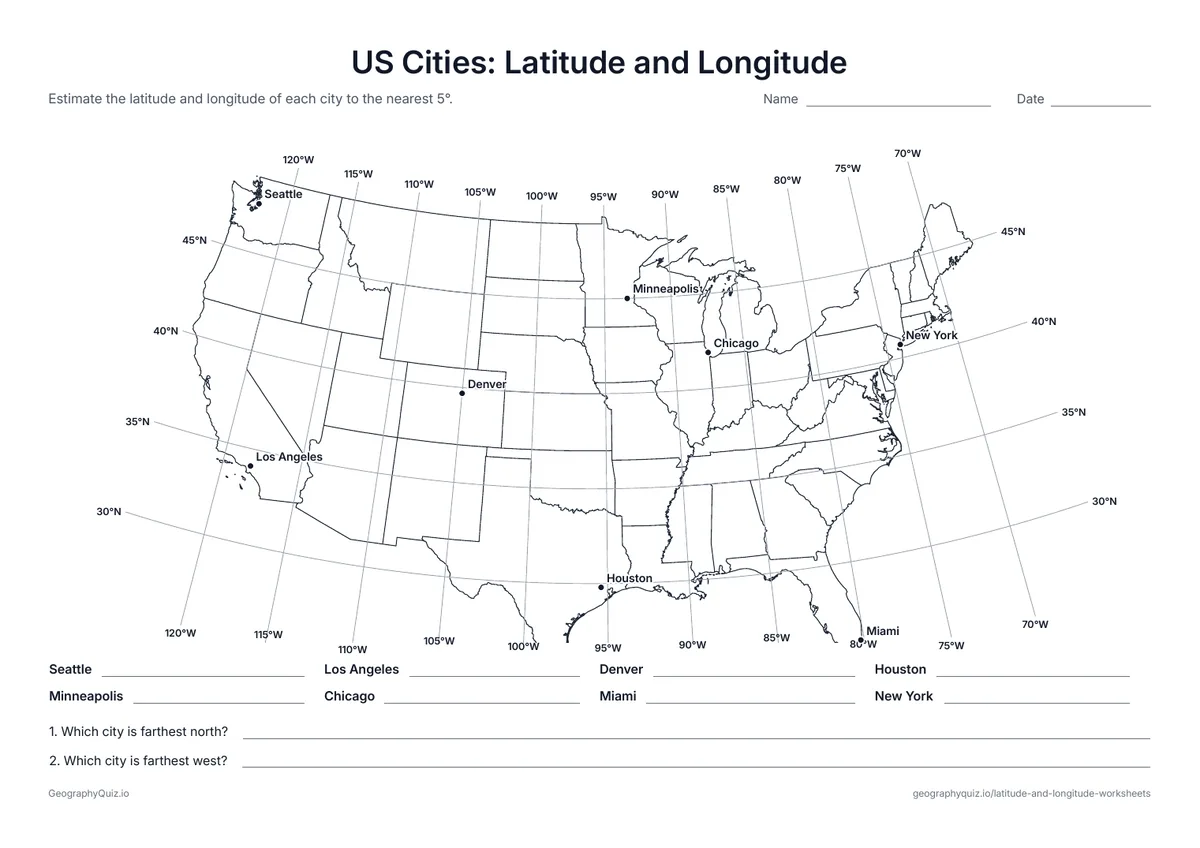Preview of the printable us cities: latitude and longitude worksheet: A map of the 48 contiguous states with lines every 5°