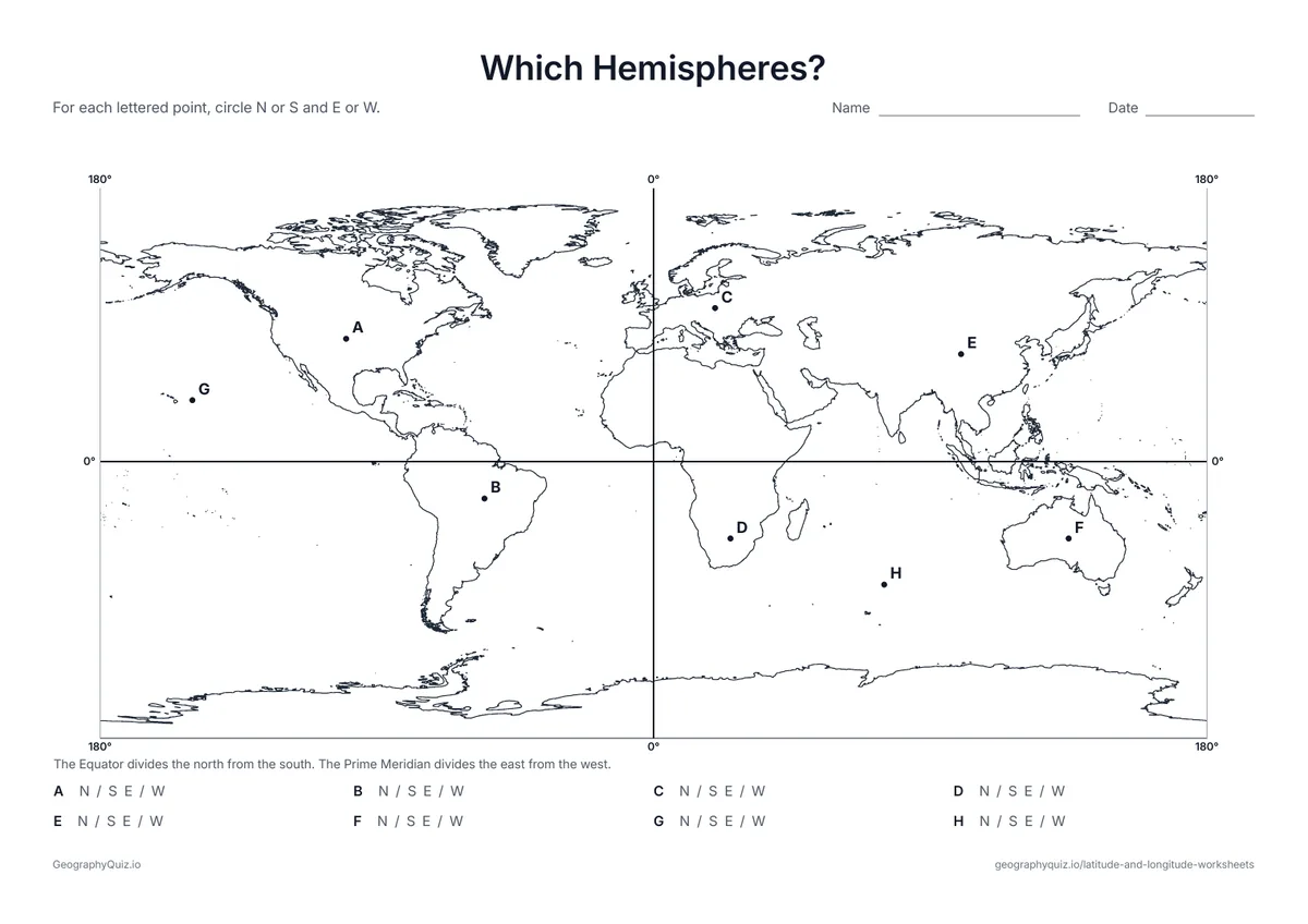 Preview of the printable which hemispheres? worksheet: The Equator and Prime Meridian split the map into four