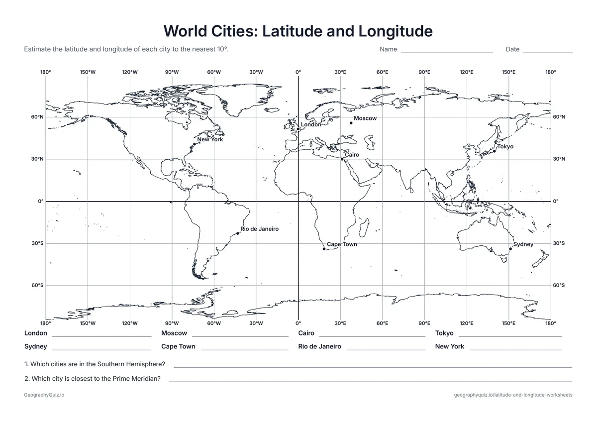 Preview of the printable world cities: latitude and longitude worksheet: Eight world cities on a 30° grid
