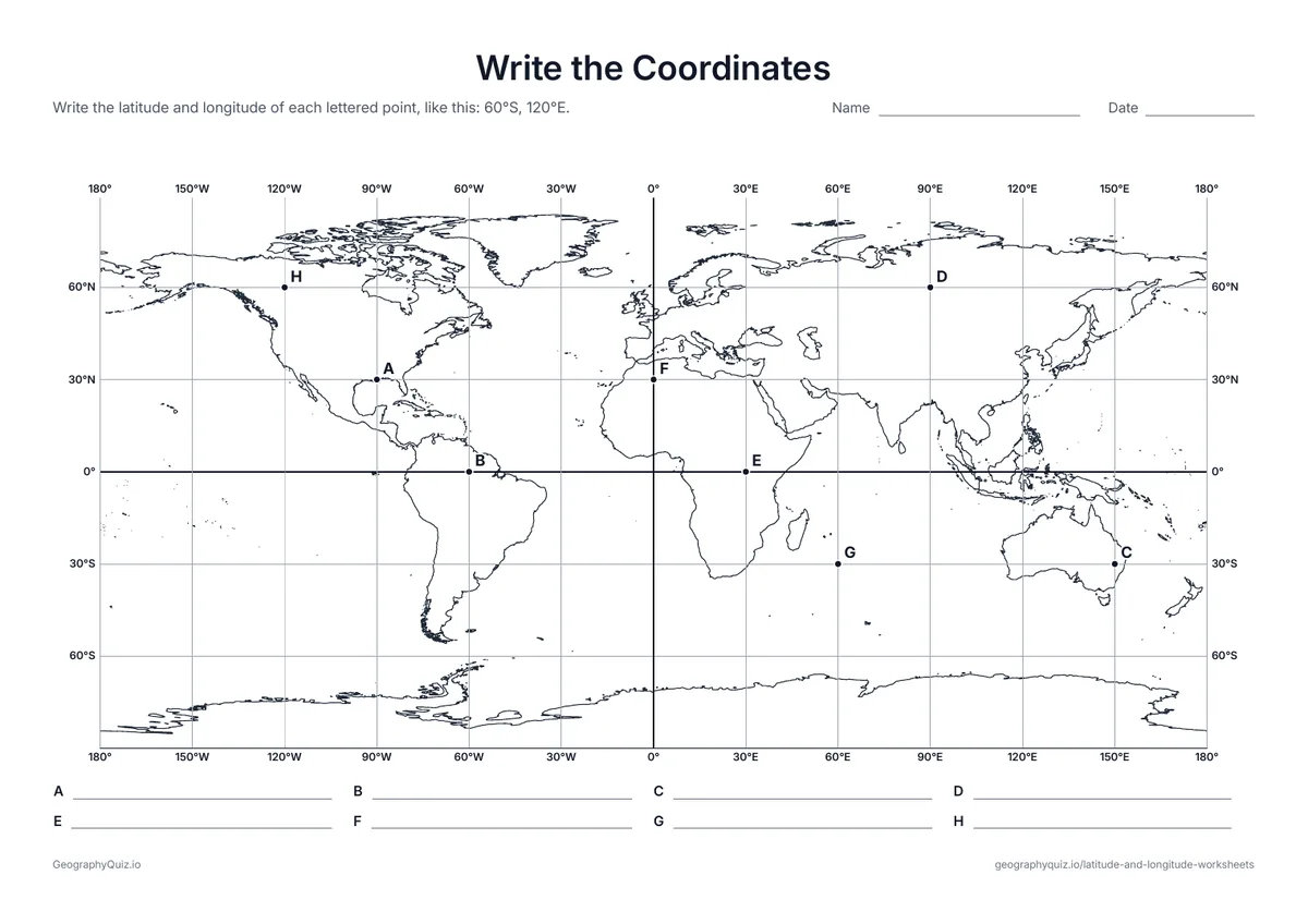 Preview of the printable write the coordinates worksheet: Eight lettered points sit where grid lines cross