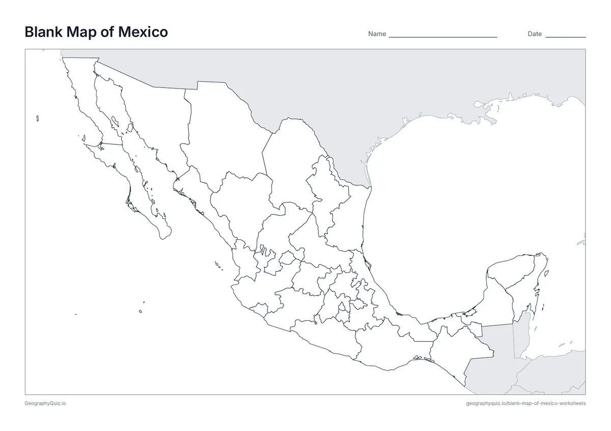 Printable blank map of Mexico worksheet preview
