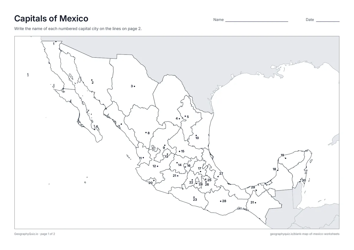 Preview of the printable capitals of mexico worksheet