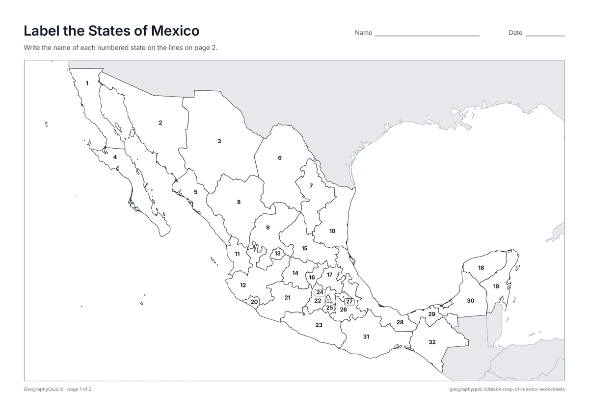 Preview of the printable label the states of mexico worksheet