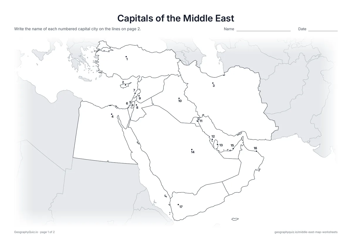 Preview of the printable capitals of the middle east worksheet