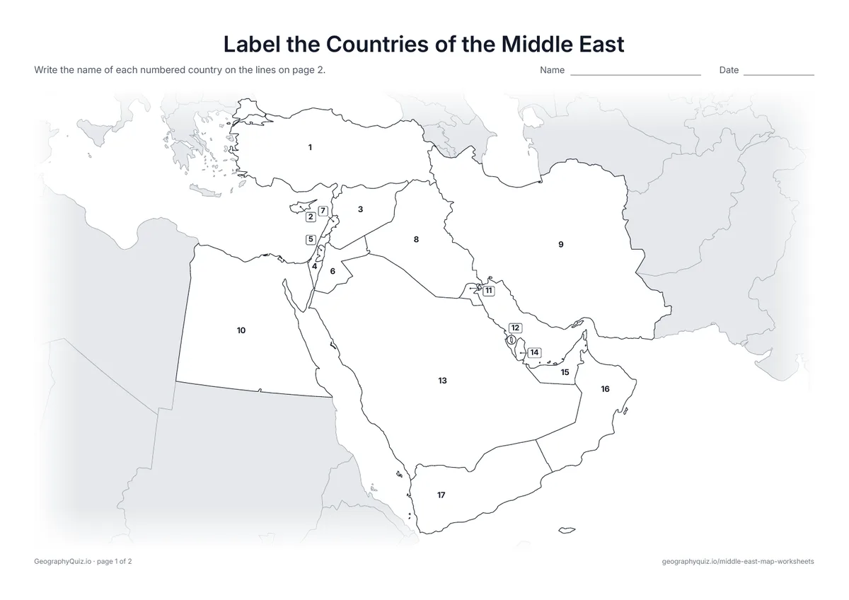 Preview of the printable label the countries of the middle east worksheet
