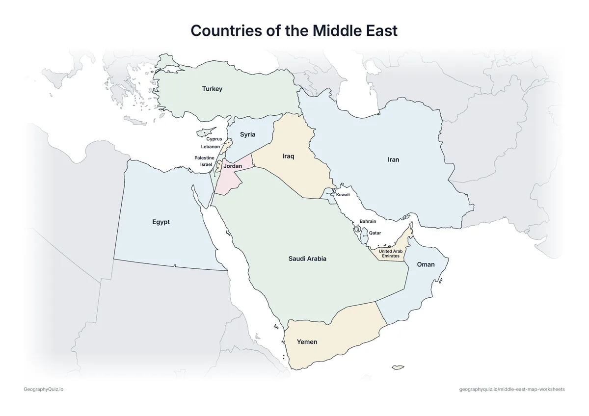 Preview of the printable countries of the middle east worksheet
