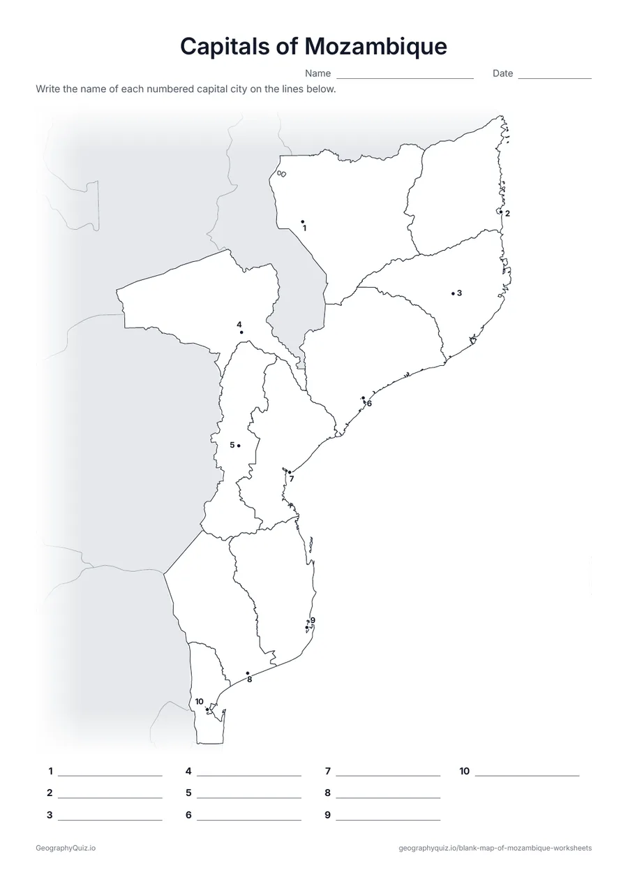 Preview of the printable capitals of mozambique worksheet