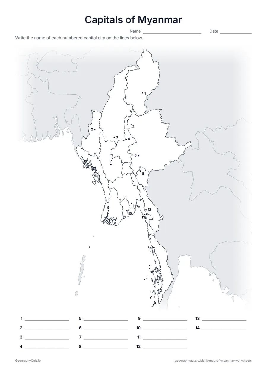 Preview of the printable capitals of myanmar worksheet