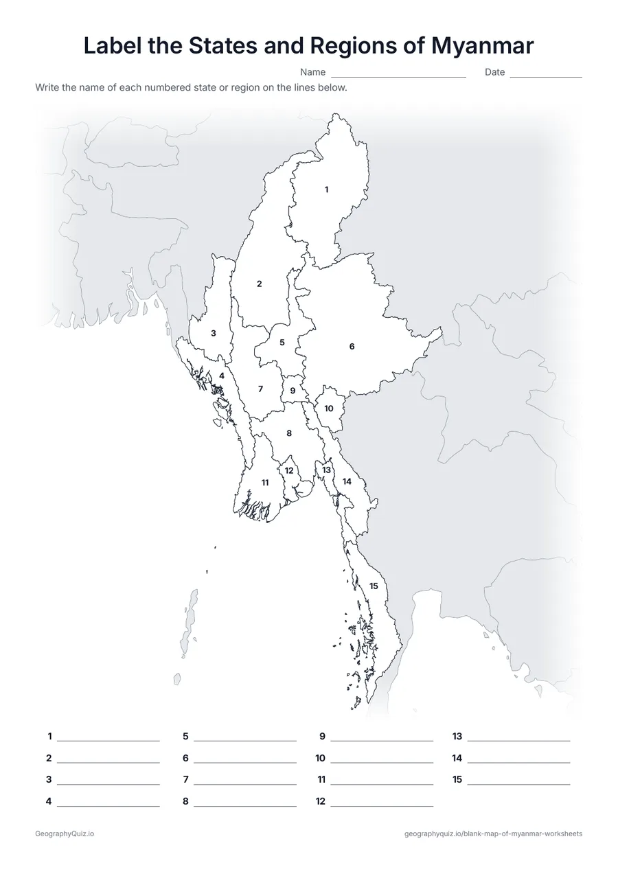 Preview of the printable label the states and regions of myanmar worksheet