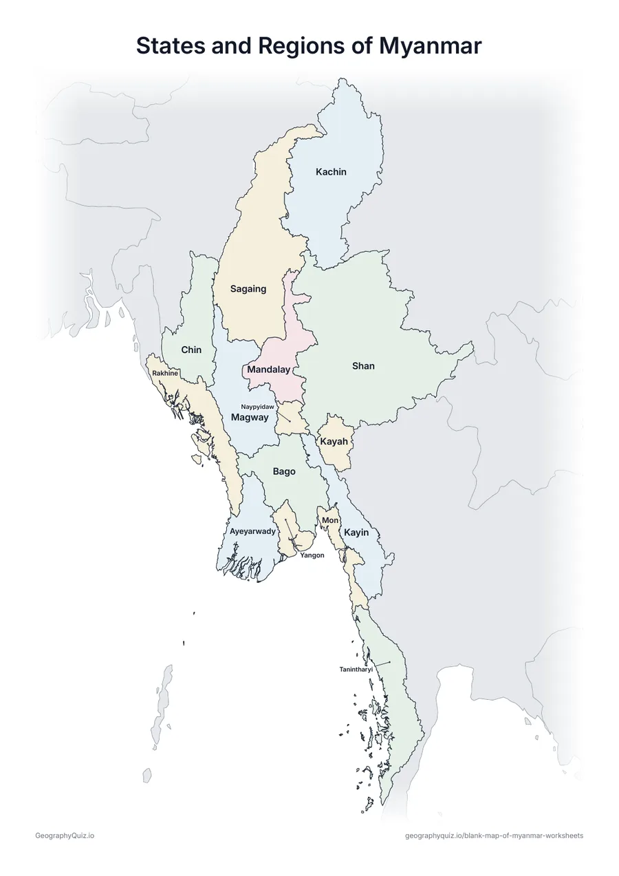 Preview of the printable states and regions of myanmar worksheet
