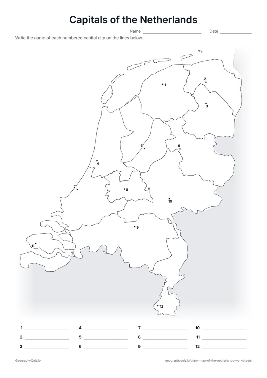 Preview of the printable capitals of the netherlands worksheet
