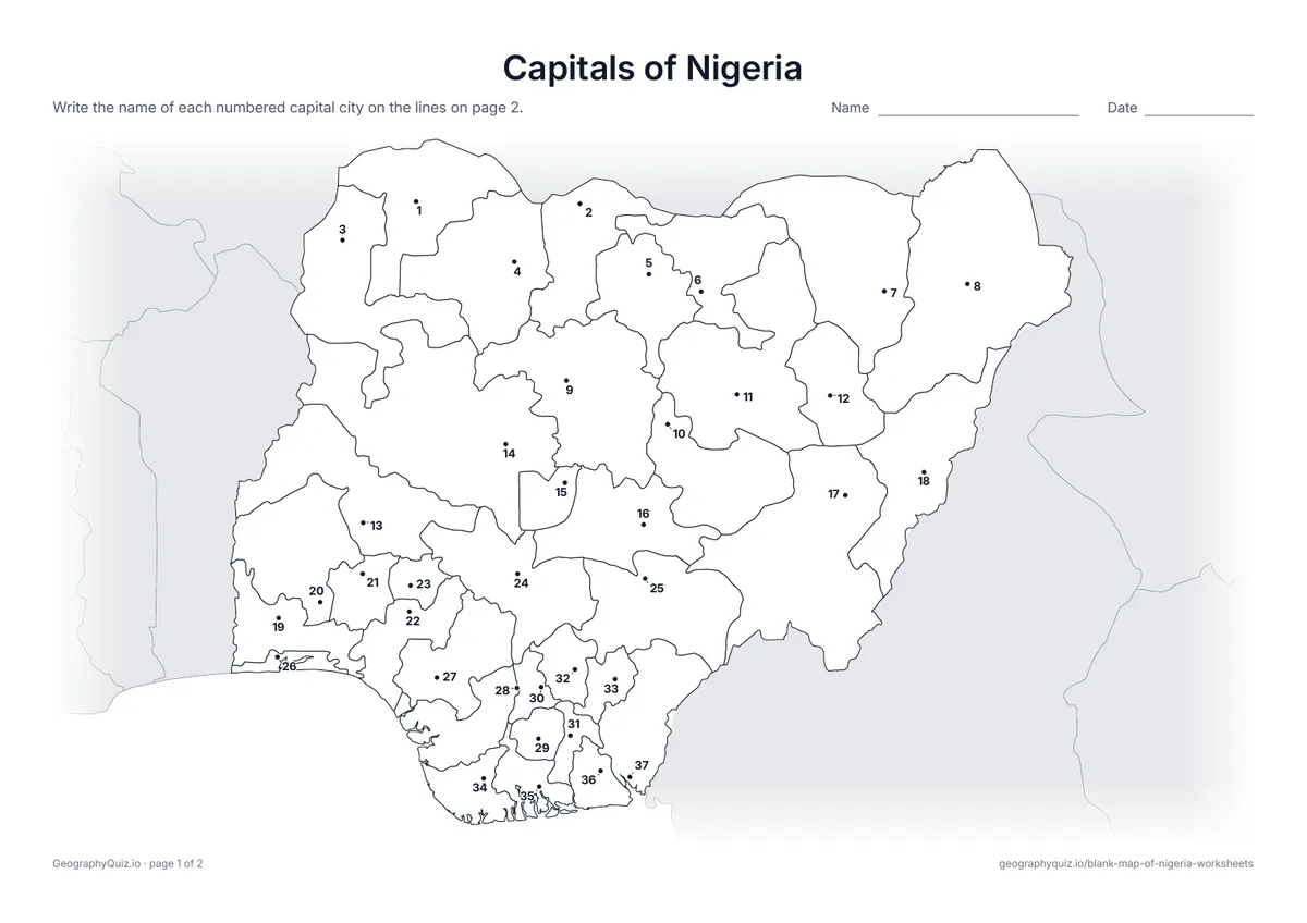 Preview of the printable capitals of nigeria worksheet