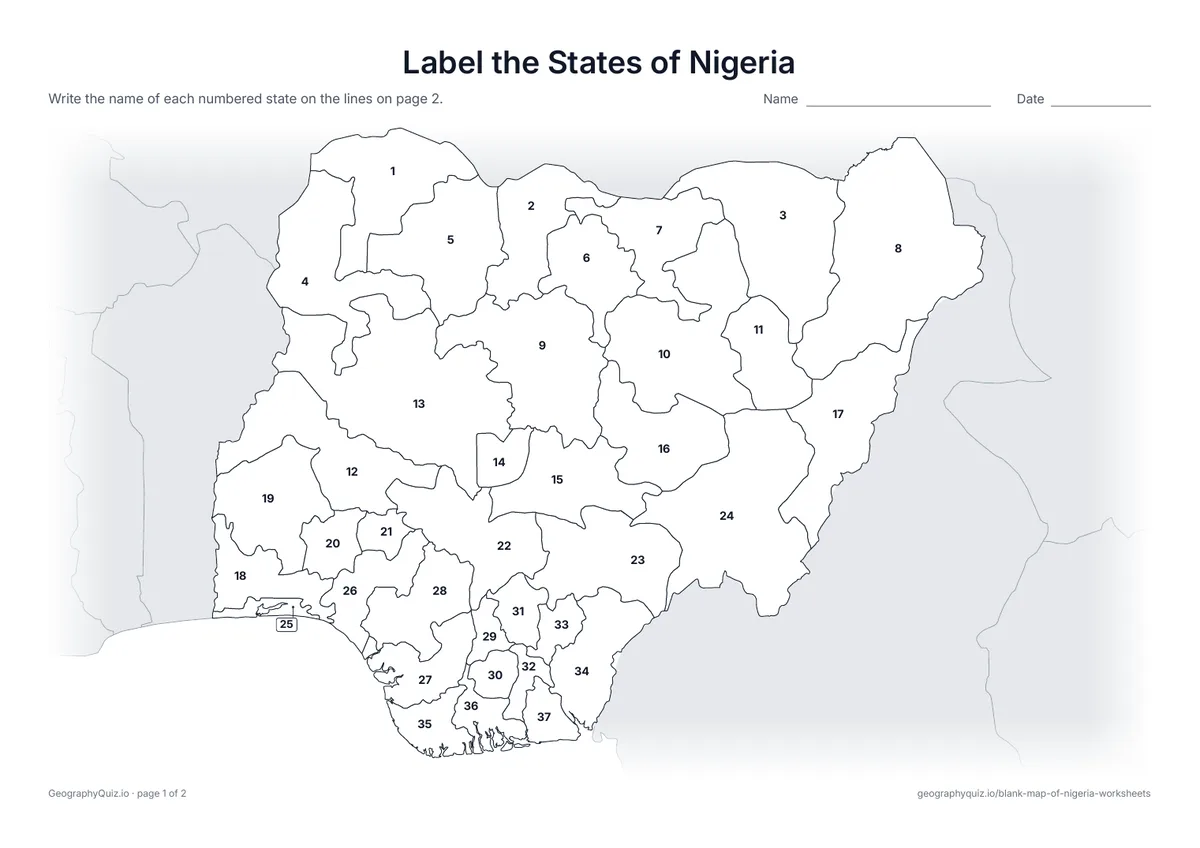 Preview of the printable label the states of nigeria worksheet