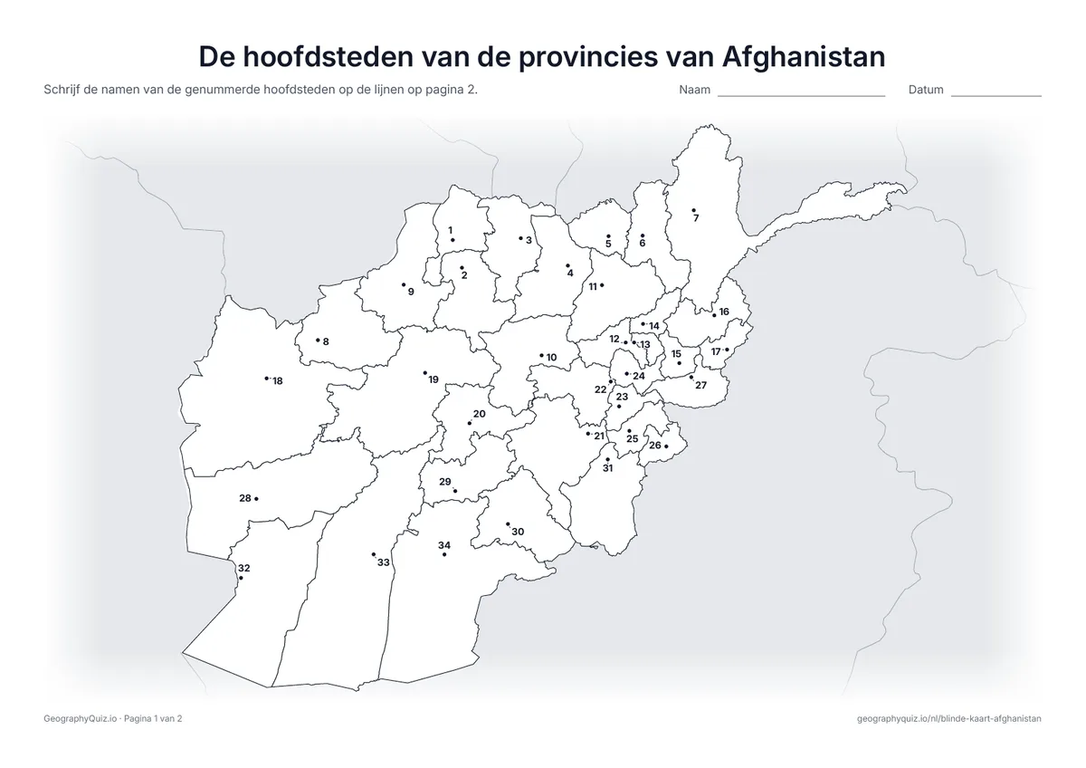 Voorbeeld van het werkblad “De hoofdsteden van de provincies van Afghanistan”: Elke hoofdstad is een genummerde stip