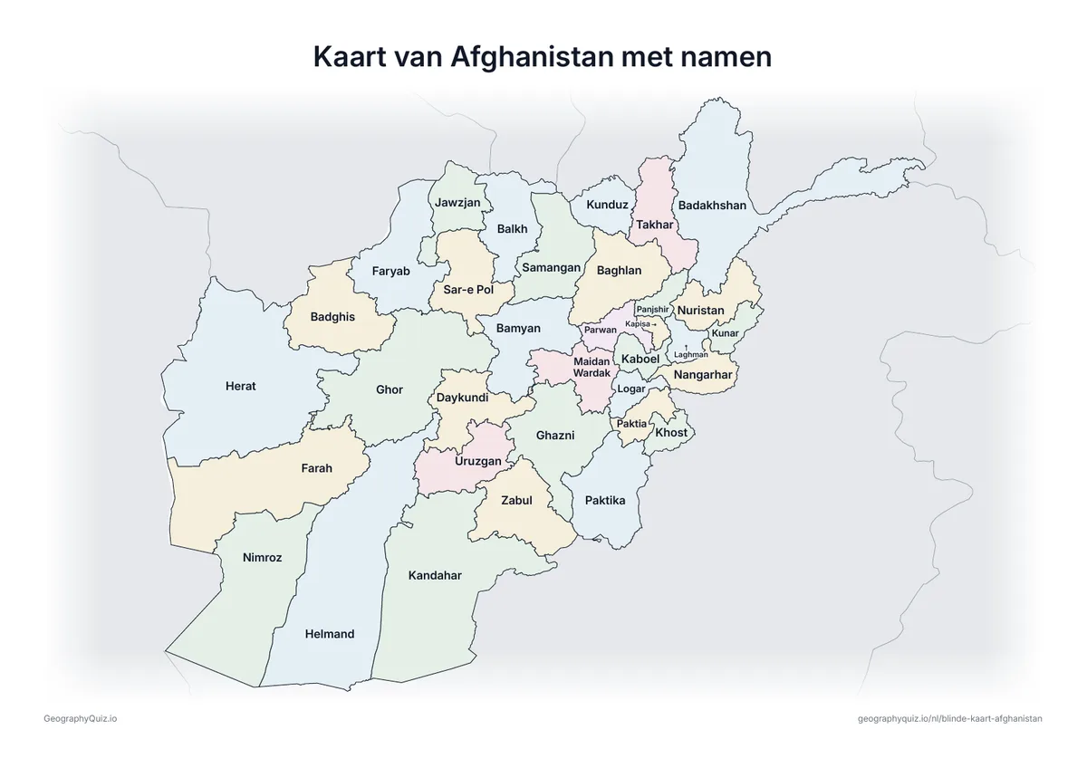 Voorbeeld van het werkblad “Kaart van Afghanistan met namen”: Kaart van Afghanistan met alle namen: een voorbeeldkaart voor de les en om de antwoorden na te kijken