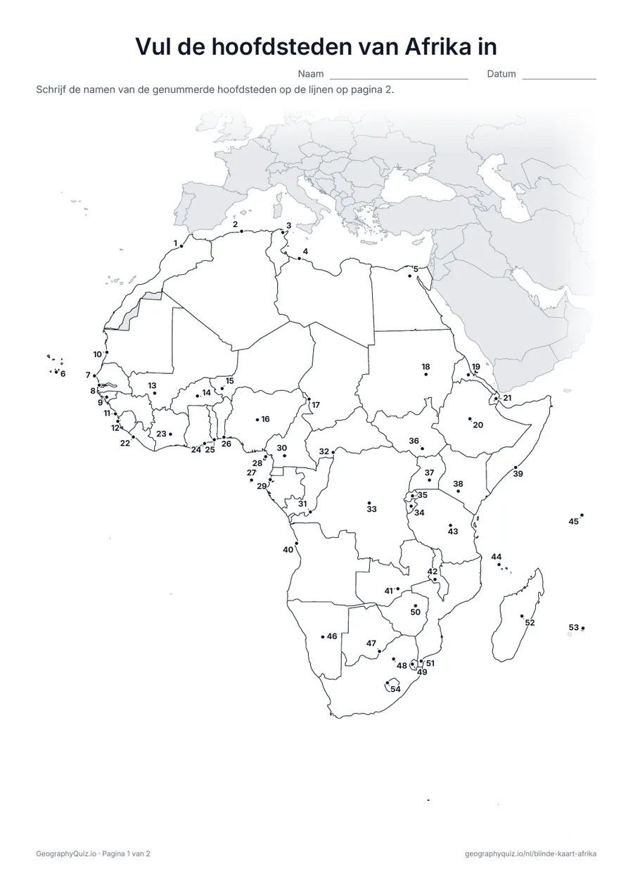 Voorbeeld van het werkblad “Vul de hoofdsteden van Afrika in”: Elke hoofdstad is een genummerde stip